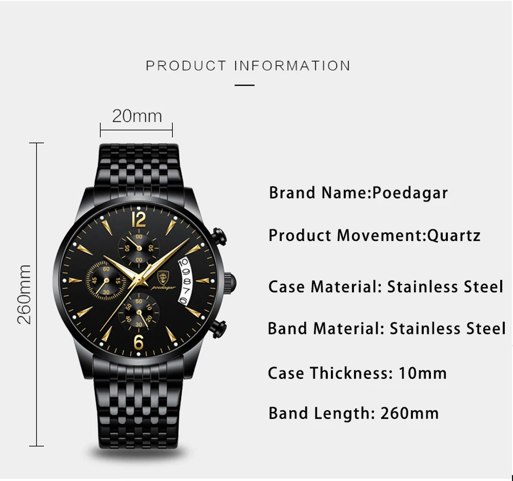 POEDAGAR Luxury Stainless Steel Quartz Watch - Waterproof, Luminous, Date And Box