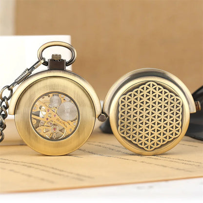 YISUYA Elegant Bronze Mechanical Rotating Cover Pocket Watch