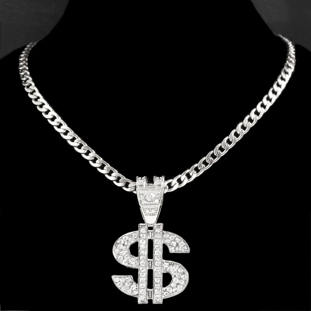 Bling Rhinestone Dollar Pendant Iced Out Silver Color 13mm Cuban Chain Necklaces