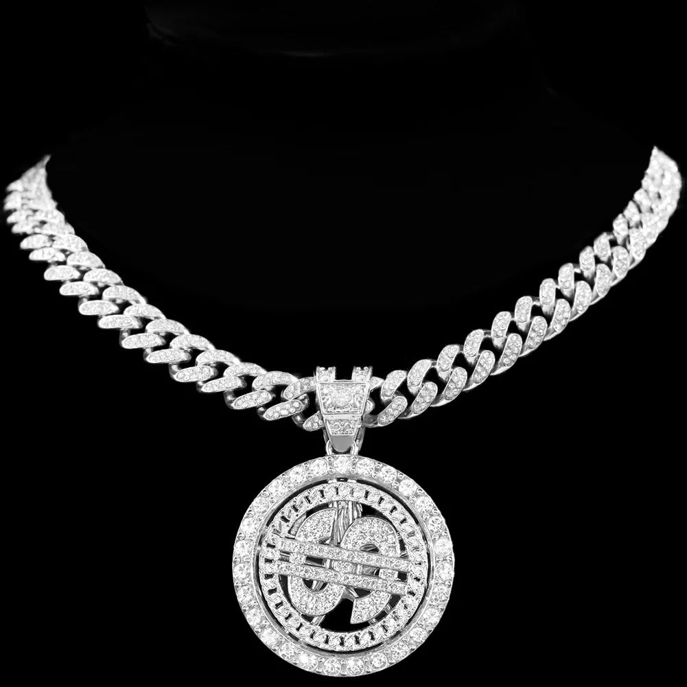 Bling Rhinestone Dollar Pendant Iced Out Silver Color 13mm Cuban Chain Necklaces