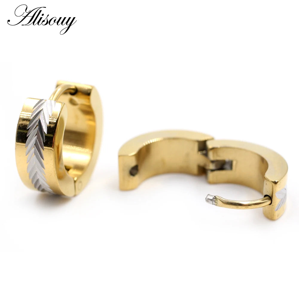 Alisouy 2pcs Stainless Steel Carved Circle Hoop Earrings