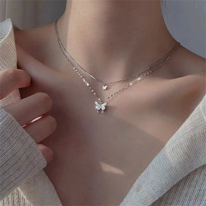 Shiny Butterfly Necklace For Ladies - Exquisite Double Layer Clavicle Chain Necklace