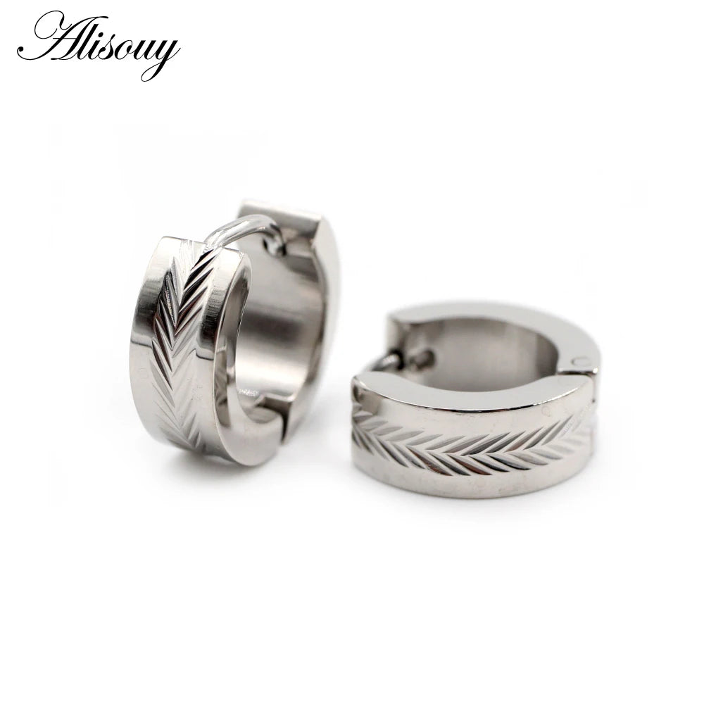 Alisouy 2Pcs Stainless Steel Carving Wheat/Leaf Hoop Earring