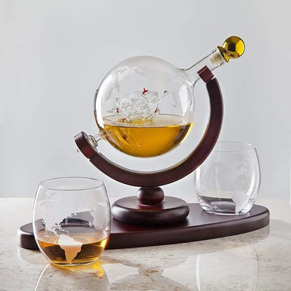 Creative Globe Decanter Set with Lead-free Carafe Exquisite Wood-stand and 2 Whisky Glasses Whiskey Decanter Globe Grade Gift