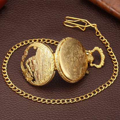 YISUYA Luminous Light Numerals Display Bronze Train Locomotive Quartz Pocket Watch