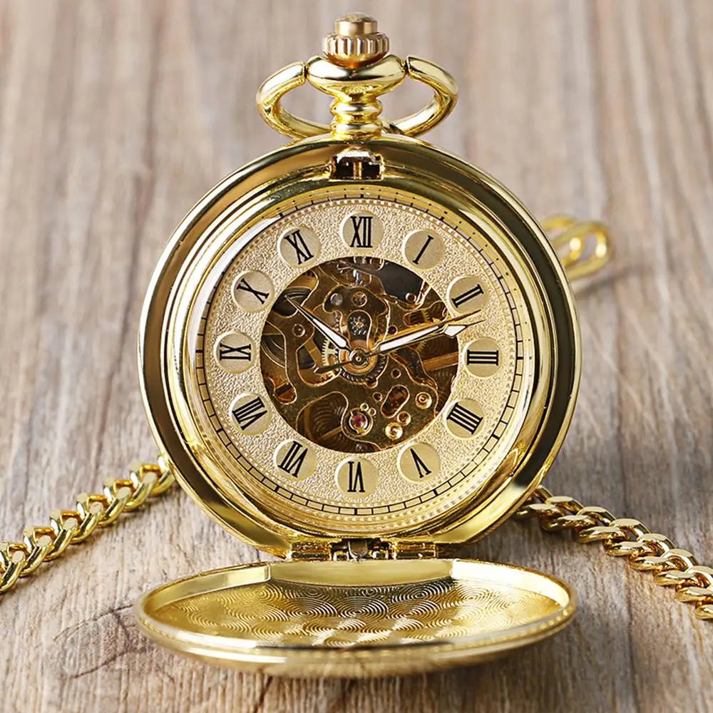 YISUYA Elegant Skeleton Smooth Hand Wind Mechanical Gold Colour Pocket Watch