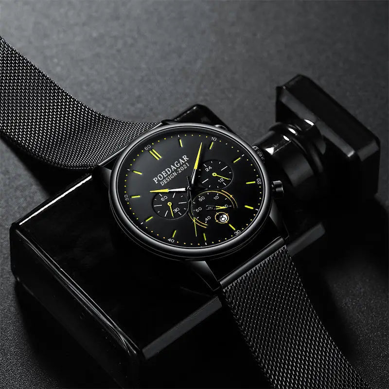 POEDAGAR Luxury style Stainless Steel Quartz Chronograph Watch - Waterproof, Luminous, Date And Box