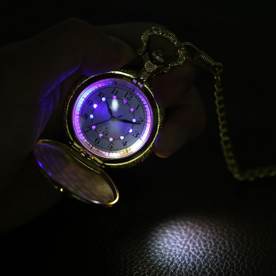 YISUYA Luminous Light Numerals Display Bronze Train Locomotive Quartz Pocket Watch