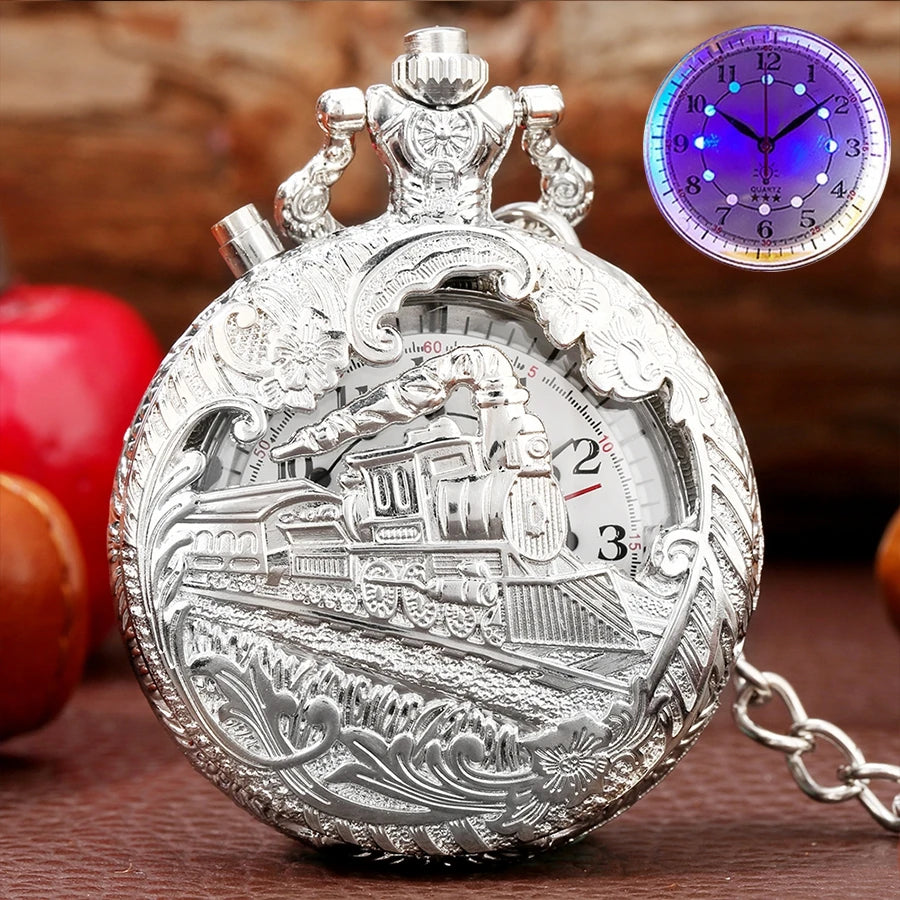 YISUYA Luminous Light Numerals Display Bronze Train Locomotive Quartz Pocket Watch