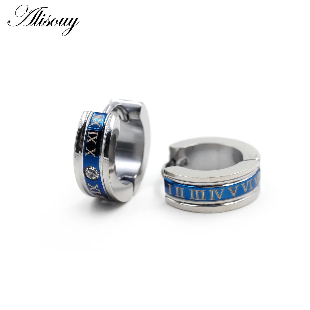 Alisouy 2pcs Inlay Crystal CZ Roman Numerals Stainless Steel Hoop Earrings