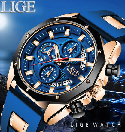 LIGE Luxury Silicone Chronograph Quartz Wristwatch - Square, Waterproof, Date And Box