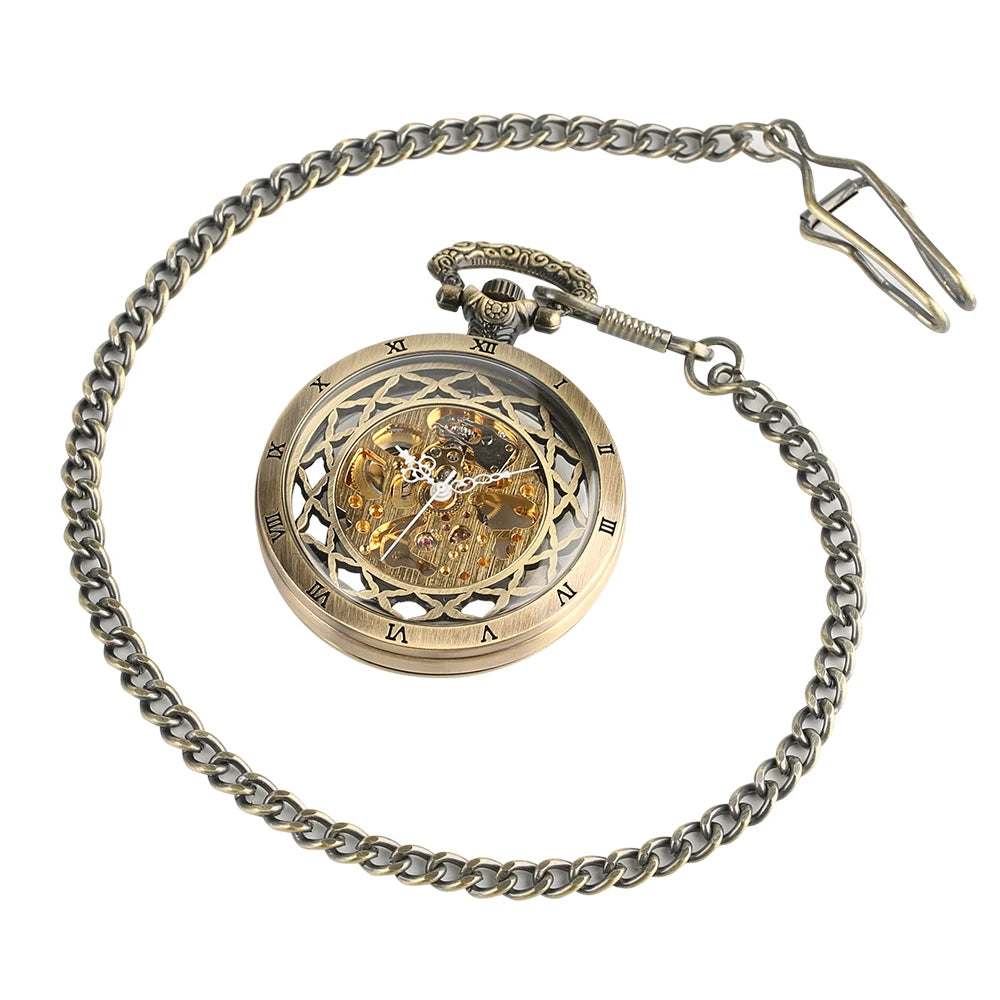 YISUYA Luxurious & Elegant Steampunk Style Glass Transparent Hand Wind Mechanical Pocket Watch with Chain