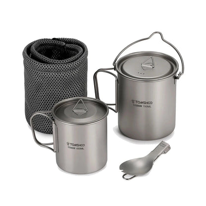 Tomshoo 3 PCS Outdoor Ultralight Titanium Cookware Set 750ml Pot & 450ml Water Cup Mug