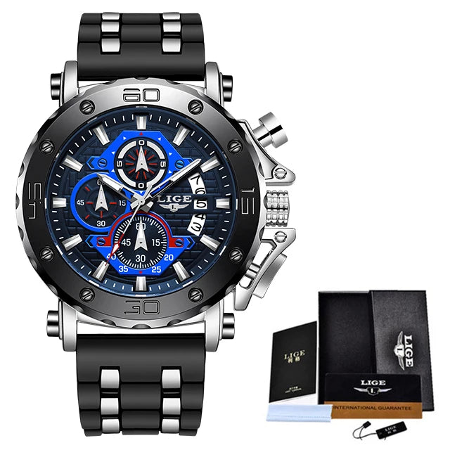 LIGE Quality Luxury Chronograph Stainless Steel/Leather strap Men Watch - Quartz Clockwork, Date With Box