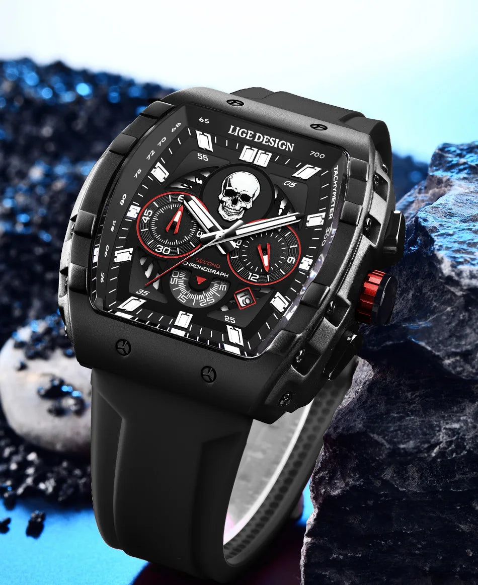 LIGE Quality Luxurious Chronograph Skull watch with Silicone Strap - Luminous, Chronograph, Quartz Clockwork With Box