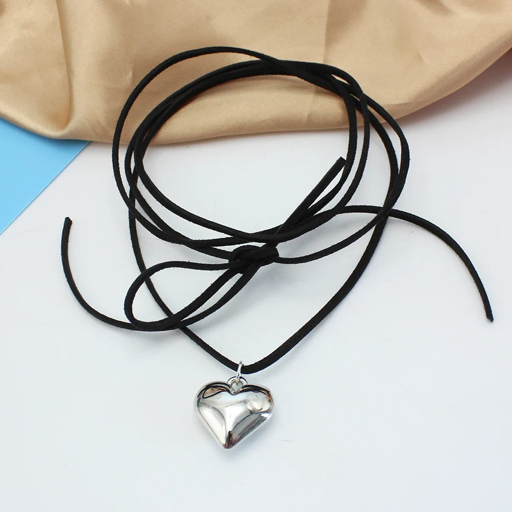 Elegant Weave  Knotted Bowknot With Big Heart Pendant Choker Knotted - Black & Pink Velvet