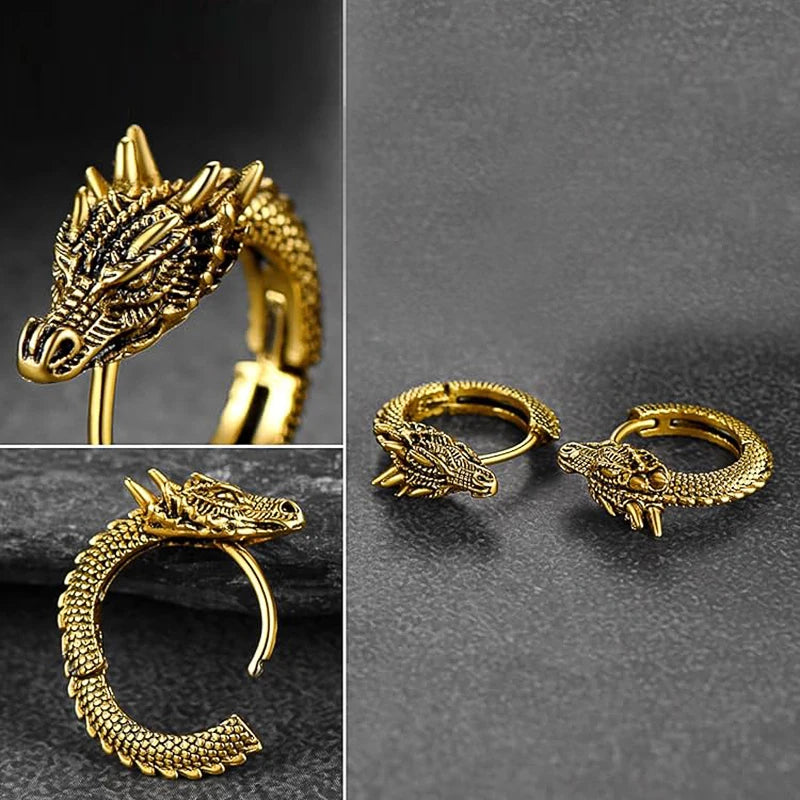 Huitan Fancy Gold, Silver & Black Dragon Hoop Earrings