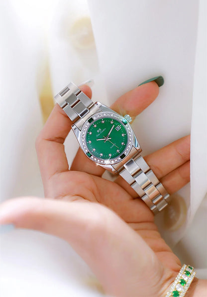 Brand Watch for Women Luxury style Gold/Blue/Green Rhinestone And Waterproof With Steel Strap In Box