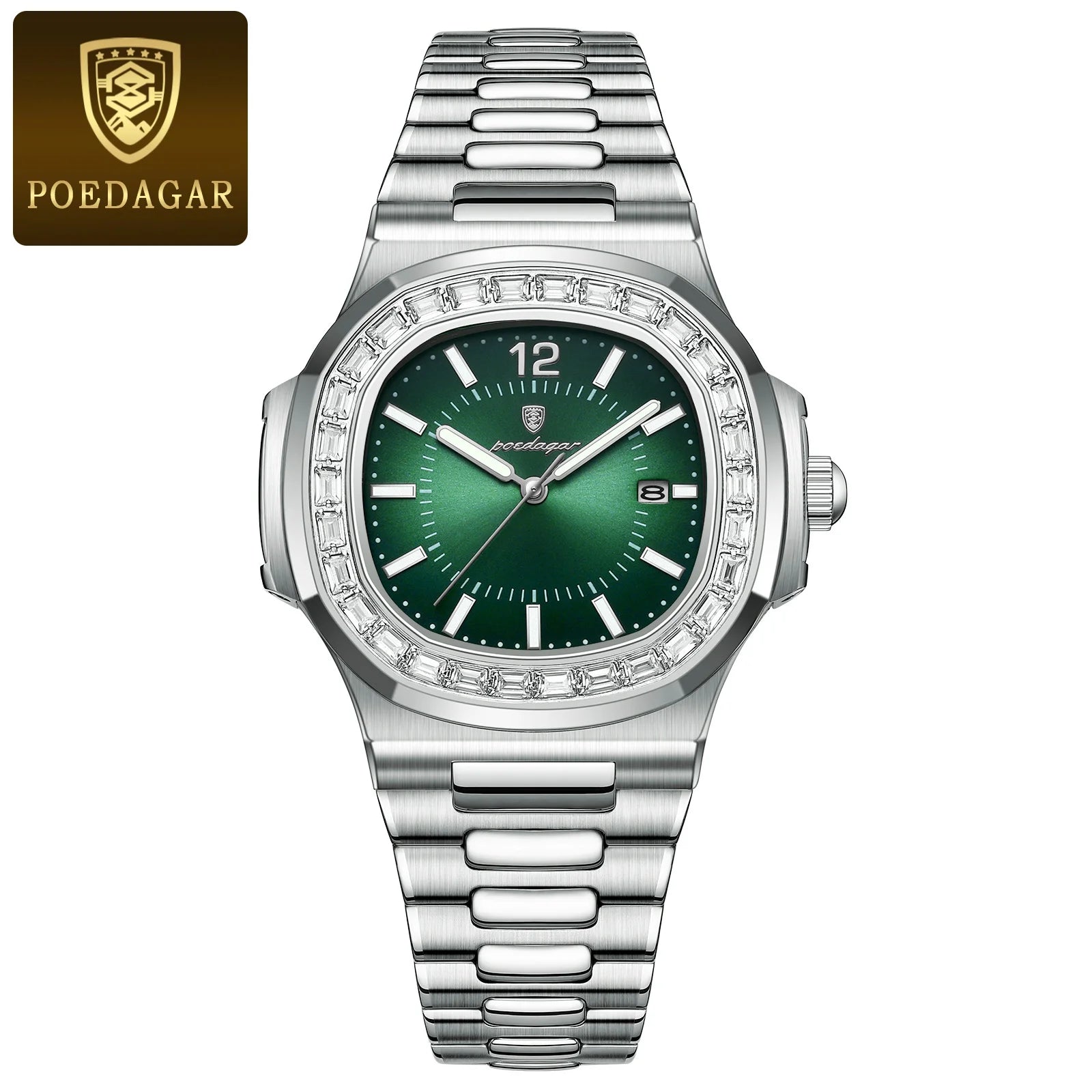 POEDAGAR Man Luxury stainless steel Quartz Watch Square - Waterproof, Luminous, Date, with box