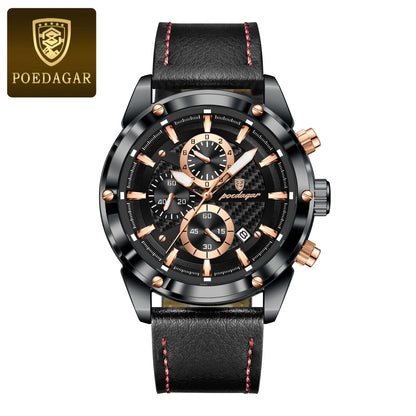 POEDAGAR Luxury Leather Band Quartz Chronograph Watch - Waterproof, Luminous, Date And Box