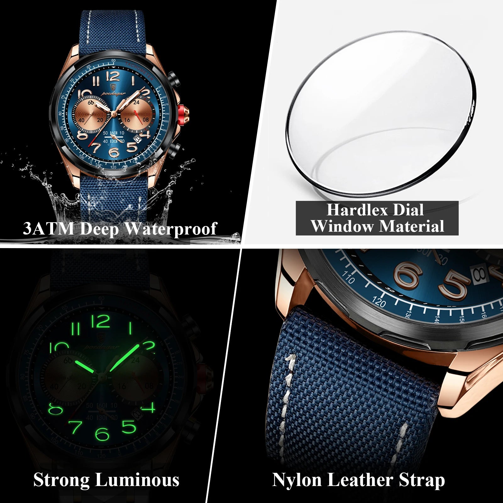 POEDAGAR Luxury Watch Men Quartz Nylon Leather Strap Man Wristwatch Waterproof Luminous Chronograph Date Men's Watches Reloj+box