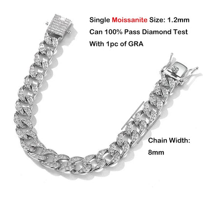 EWYA Full 1.2mm D Color Moissanite Cuban Chain Bracelet For Men Women S925 Silver Pass Diamond Test 8mm Wide Link Bracelets Gift