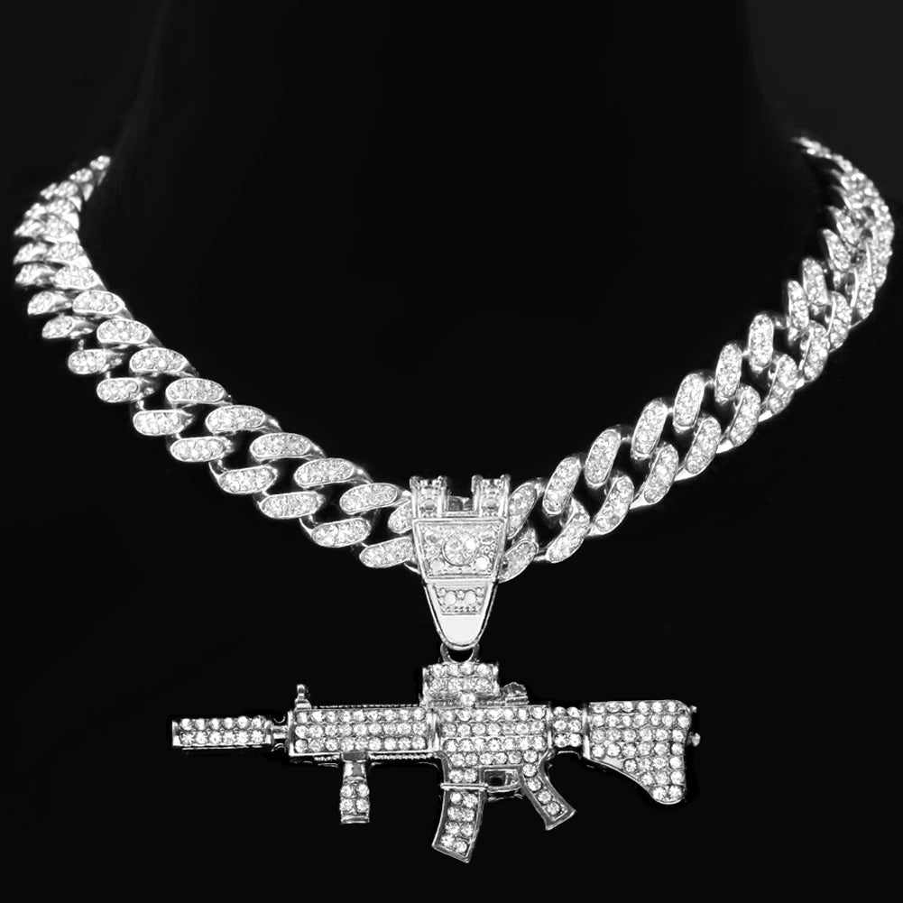 PEZDEMAR Iced Out Crystal M16 Gun Pendant With Chain Or Cuban Necklace