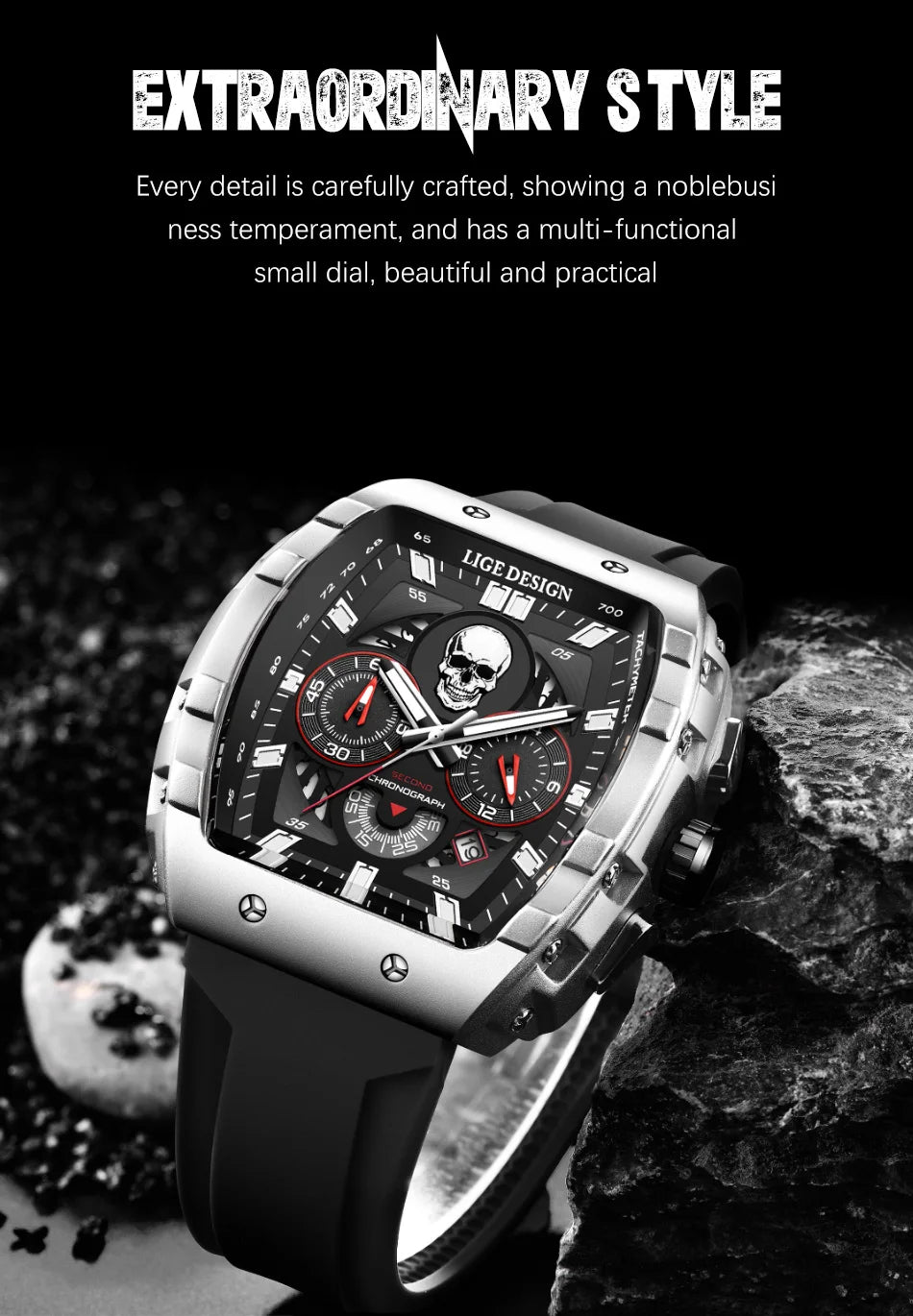 LIGE Quality Luxurious Chronograph Skull watch with Silicone Strap - Luminous, Chronograph, Quartz Clockwork With Box