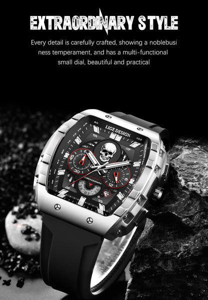 LIGE Quality Luxurious Chronograph Skull watch with Silicone Strap - Luminous, Chronograph, Quartz Clockwork With Box