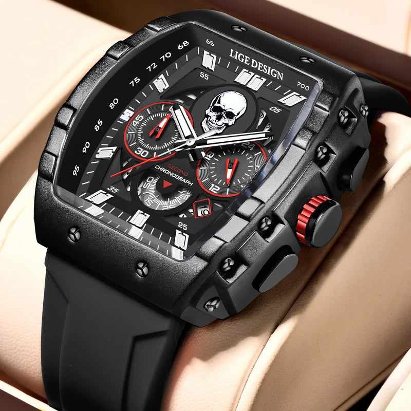 LIGE Quality Luxurious Chronograph Skull watch with Silicone Strap - Luminous, Chronograph, Quartz Clockwork With Box