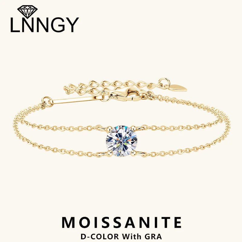 Lnngy 6.5mm 1ct Moissanite Bracelet 925 Sterling Silver Certified Double Chain Bracelets For Women