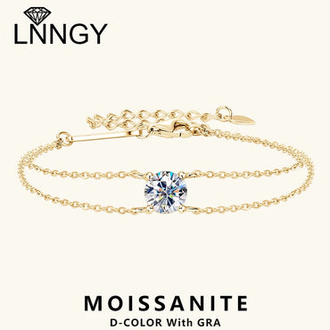 Lnngy 6.5mm 1ct Moissanite Bracelet 925 Sterling Silver Certified Double Chain Bracelets For Women