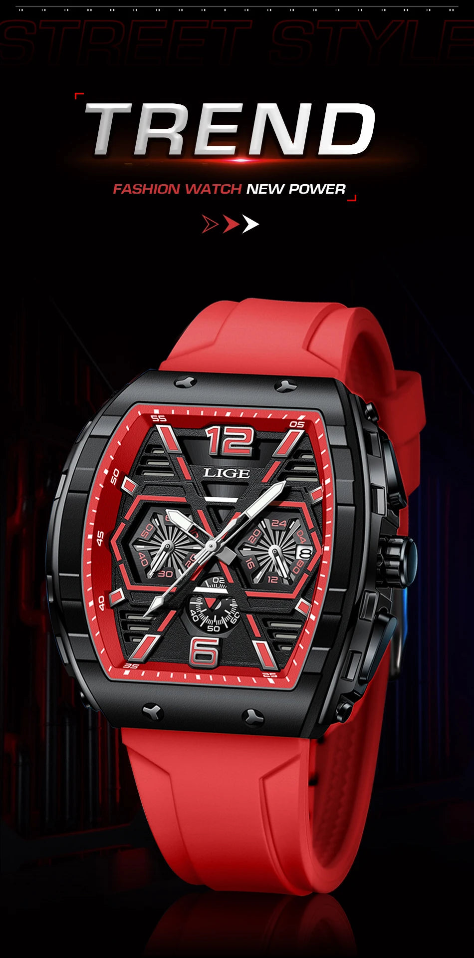 LIGE Quality Luxurious Chronograph Watch - Silicone strap - Quartz Clockwork, Waterproof With Box