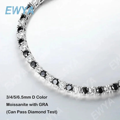 EWYA Full Moissanite Bracelet for Men Women - GRA Certified Real 3/4/5/6.5MM Black&White Moissanite Original 925 Silver Link Bracelets