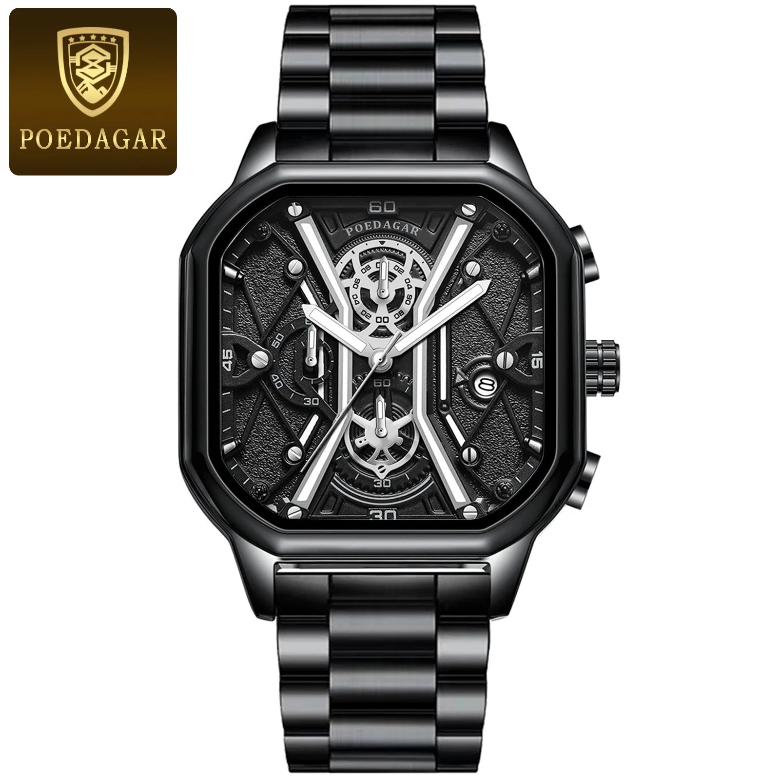 POEDAGAR Luxury Stainless Steel & Leather Chronograph Quartz Watch - Luminous, Waterproof, Date And Box