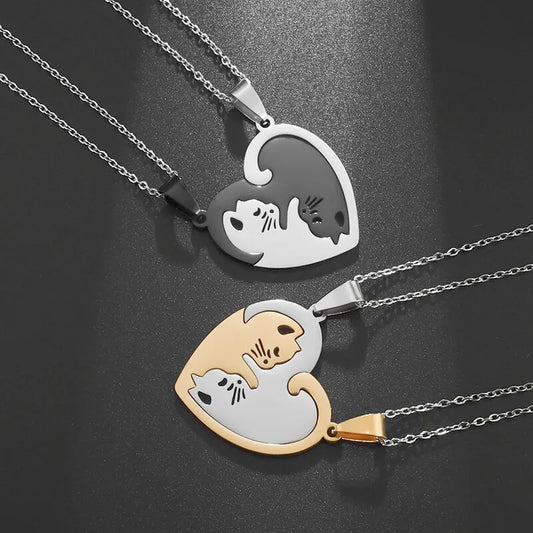 Hugging Love Cat & Horse Couple Pairing Stainless Steel Necklace