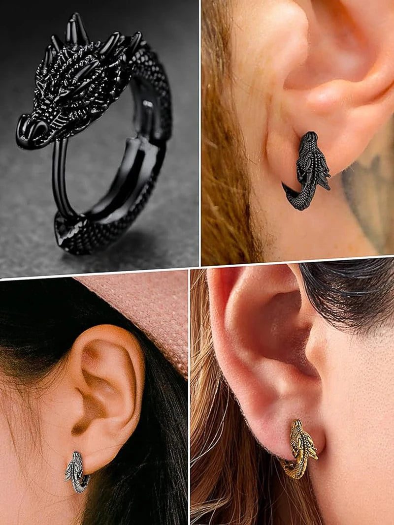 Huitan Fancy Gold, Silver & Black Dragon Hoop Earrings