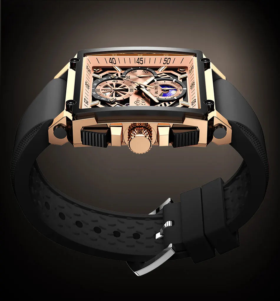 LIGE Quality Luxury Hollow Square Watch For Men with Silicone Strap - Waterproof, Quartz Clockwork+Box