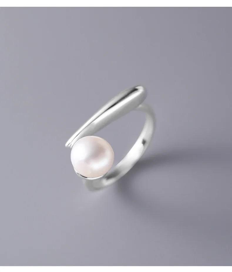 GaaBou Adjustable 925 Sterling Silver Round Pearl Ring