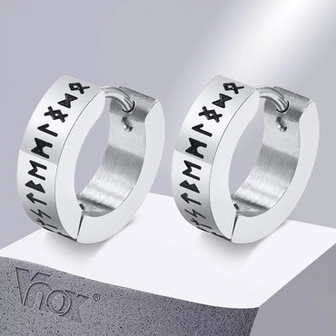 Vnox Norse Viking Runes 13mm Stainless Steel Hoop Earrings In Silver & Black