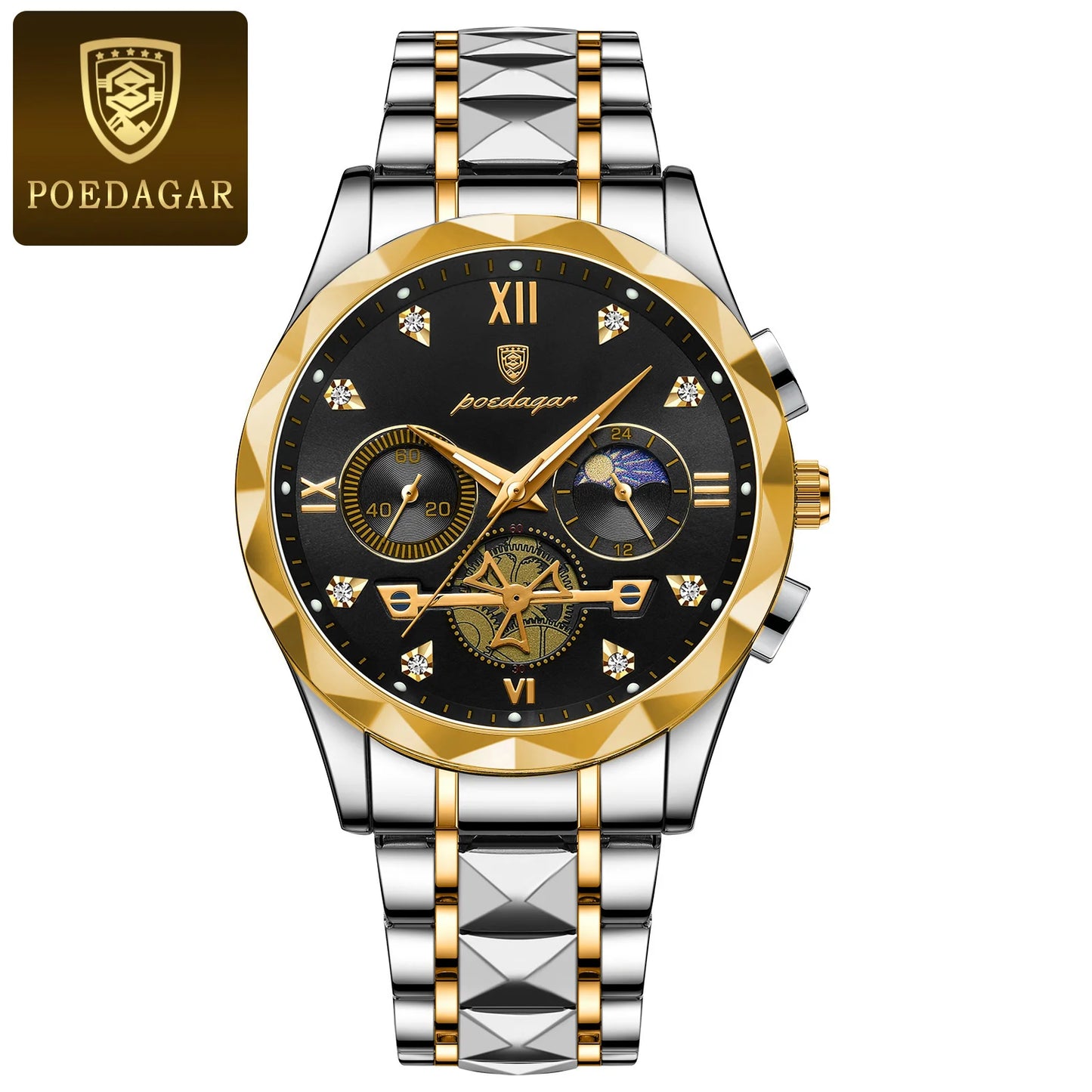 POEDAGAR Quality Luxury Leather band Quartz Chronograph Watch - Waterproof, Luminous, Date And Box