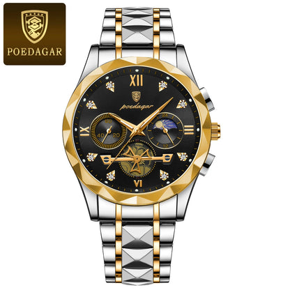 POEDAGAR Quality Luxury Leather band Quartz Chronograph Watch - Waterproof, Luminous, Date And Box