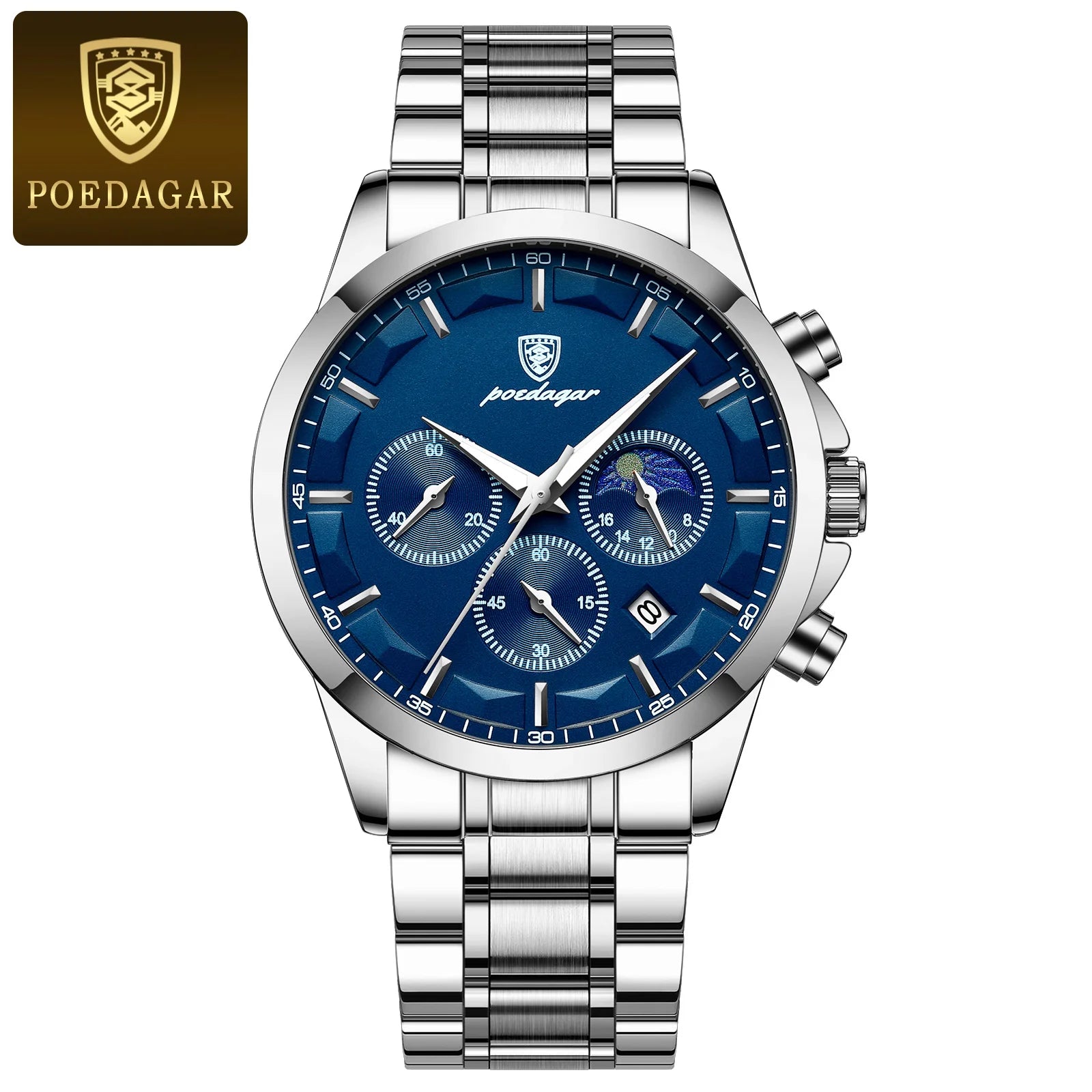 POEDAGAR Luxury Stainless Steel Quartz Chronograph Watch - Waterproof, Luminous, Date And Box