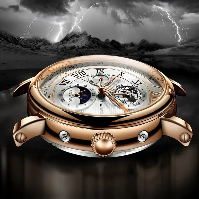 LIGE TW8820 Quality Luxurious Mechanical Leather Belt Watch Waterproof Mechanical - Moon Phase And Automatic With Box