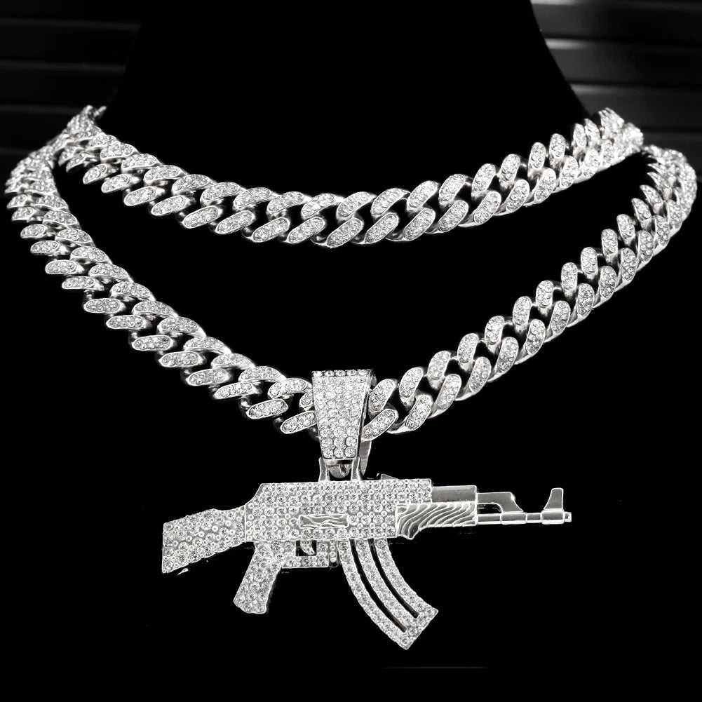 ESTRELLADEMAR Iced Out Crystal AK47 Gun Pendant With Chain Or Cuban Necklace