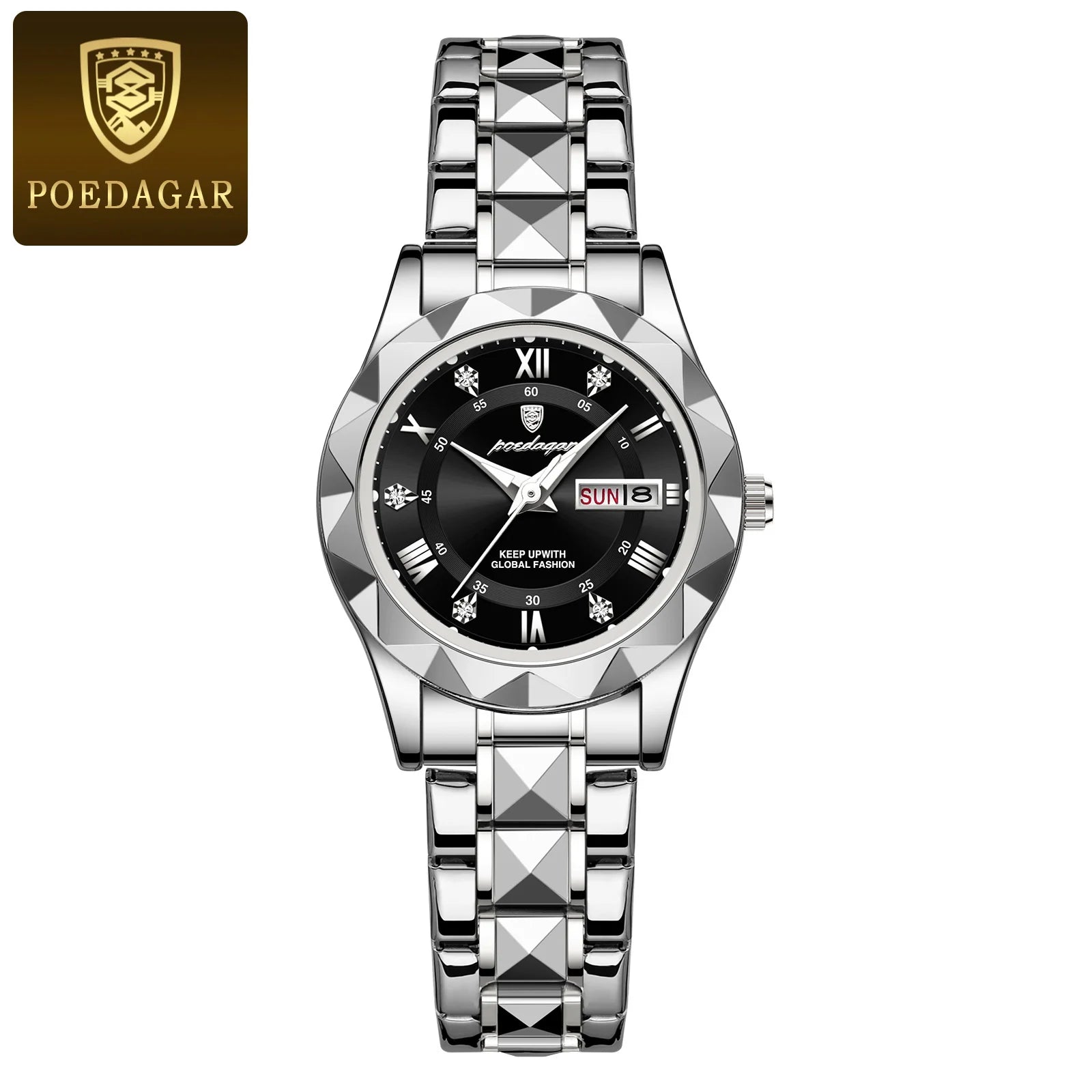 POEDAGAR woman Luxury style Stainless Steel Quartz Wrist Watch - Waterproof, Luminous, Date And Box