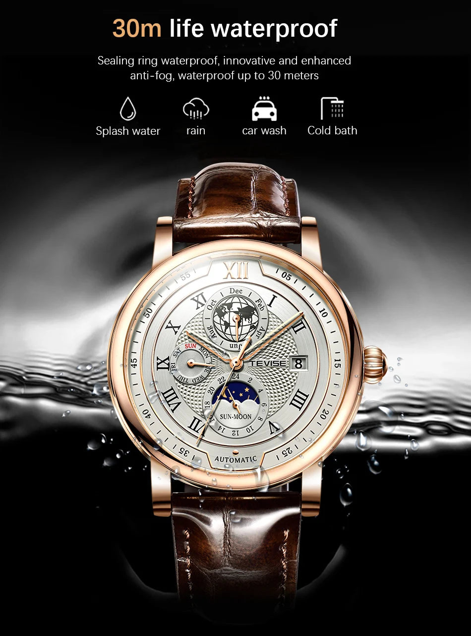 LIGE TW8820 Quality Luxurious Mechanical Leather Belt Watch Waterproof Mechanical - Moon Phase And Automatic With Box