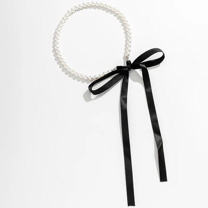 Trendy Long Multi Colour Party Ribbon Choker Necklace For Women With Elegant White Imitation Pearl