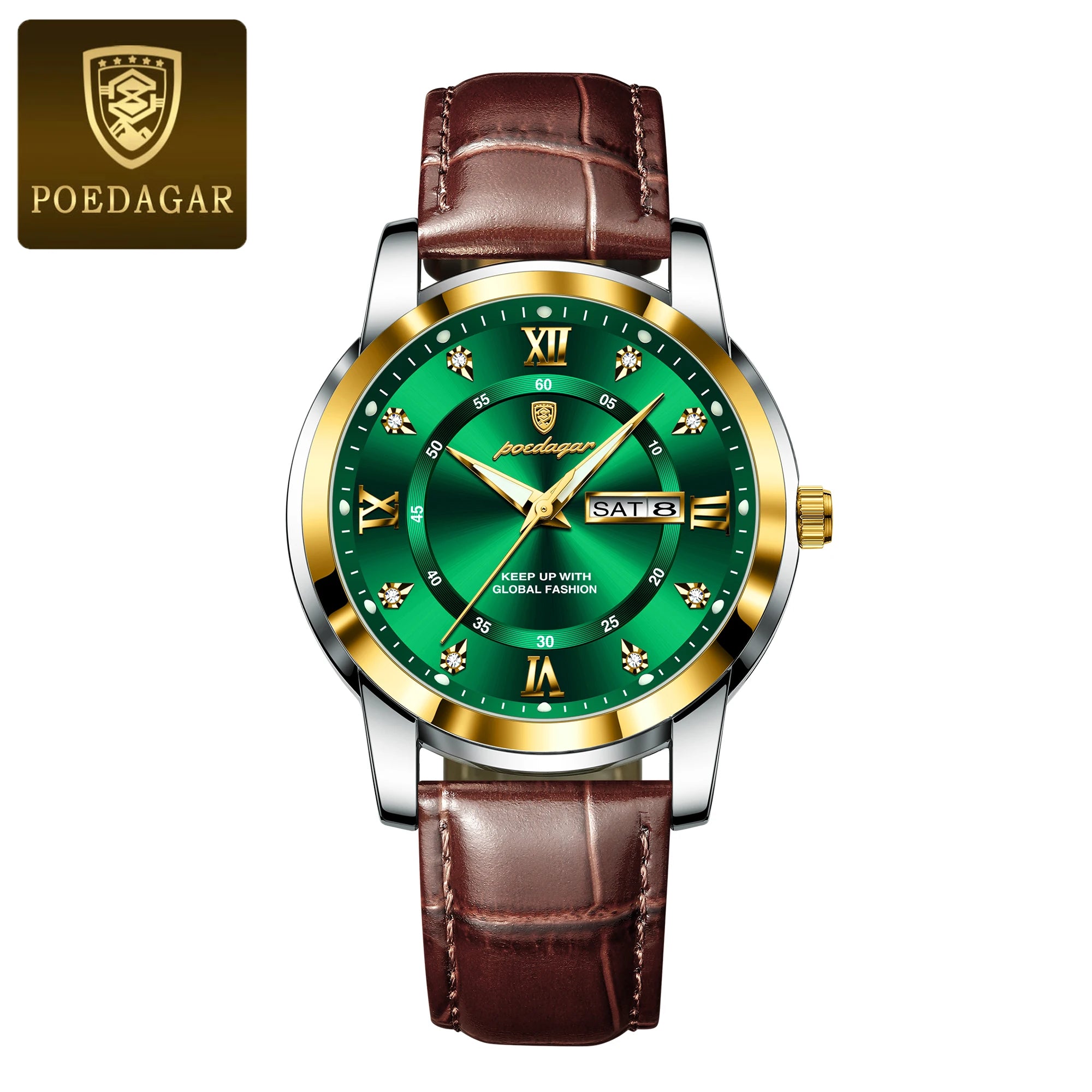 POEDAGAR Quality Luxury Leather band Quartz Watch - Waterproof, Luminous, Date + week And Box