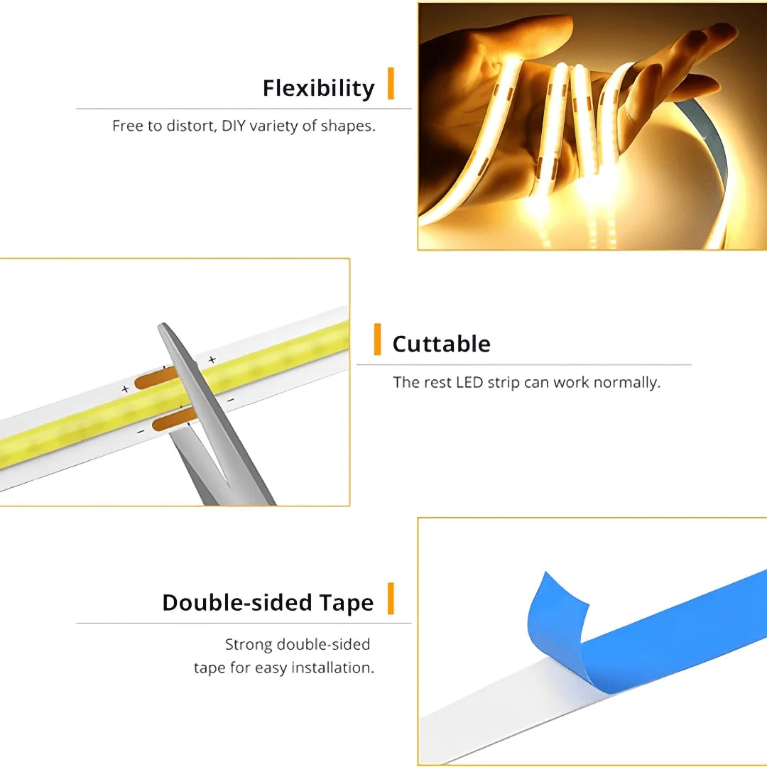 LED COB Light Strip Touch Dimmer Flexible Diode Tape 5V USB Linear Indoor Lighting Lamp Room DIY TV Mirror Backlight Wall Decor